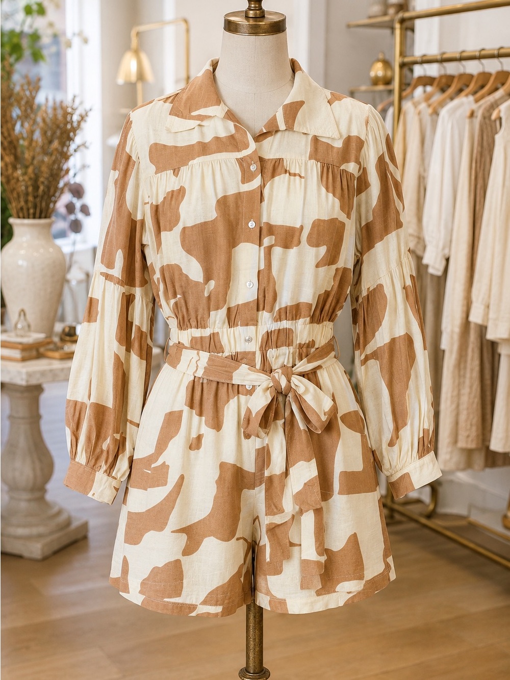 Cream & Tan Printed Button-Front Romper with Tie Waist